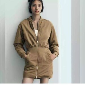 🆕Zara Women's Size S Tan Puffer Bomber Mini Jacket Dress NEW Outdoor